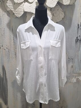 Mesh + Lace Classic White Button-Down Shirt w/ Chest Pockets Business Or Casual